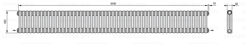 Схема (чертеж) Радиатор Zehnder Charleston 2035/53 №2670 Белый глянцевый RAL 9016